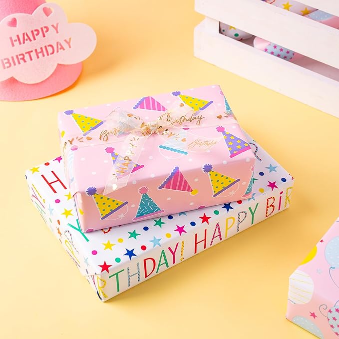 LeZakaa Birthday Wrapping Paper Roll - Mini Roll - Ice Cream/Ballon/ “Happy Birthday Lettering for Gift Wrap, DIY Craft - 17 x 120 inches - 3 Rolls (42.5 sq.ft.ttl.)
