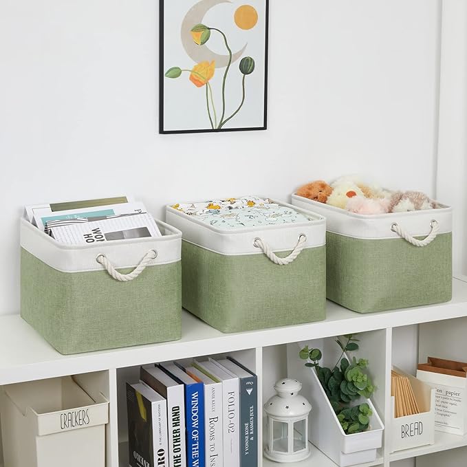 Bidtakay Large Fabric Baskets for Organizing [3-pack] Closet Organizers and Storage Baskets for Gifts Empty Foldable Nursery Baskets for Toy Storage 15 X 11 X 9.5 Inches (White&green)