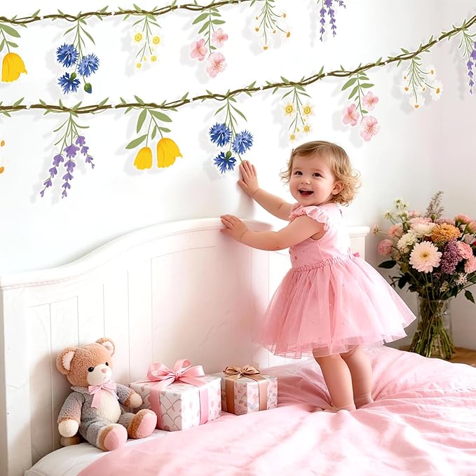 JIAYIQI 4PCS Wildflower Party Decorations - 7.9FT Per Pre-Strung Floral Garlands for Baby Shower Bloom Birthday Tea Party Wedding - Reusable Flower Banner for Garden Theme Woodland Party Decorations