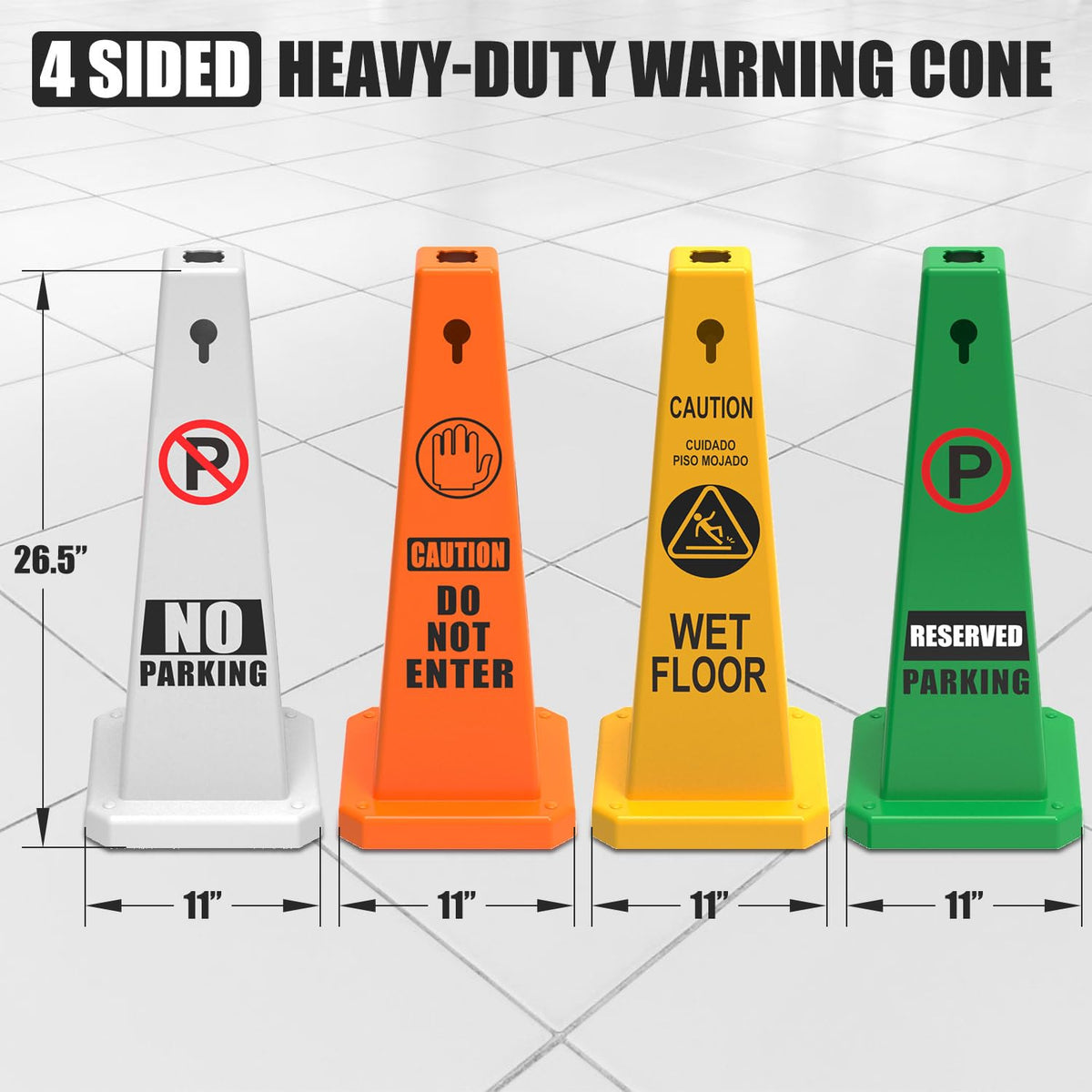 Plastic Traffic Cones, 4-Sided Message Cones, Road Safety Parking Cones, Standing Traffic Warning Signs for Cleaning Area, Garage, No Entry (8, Reserved Parking, Large)