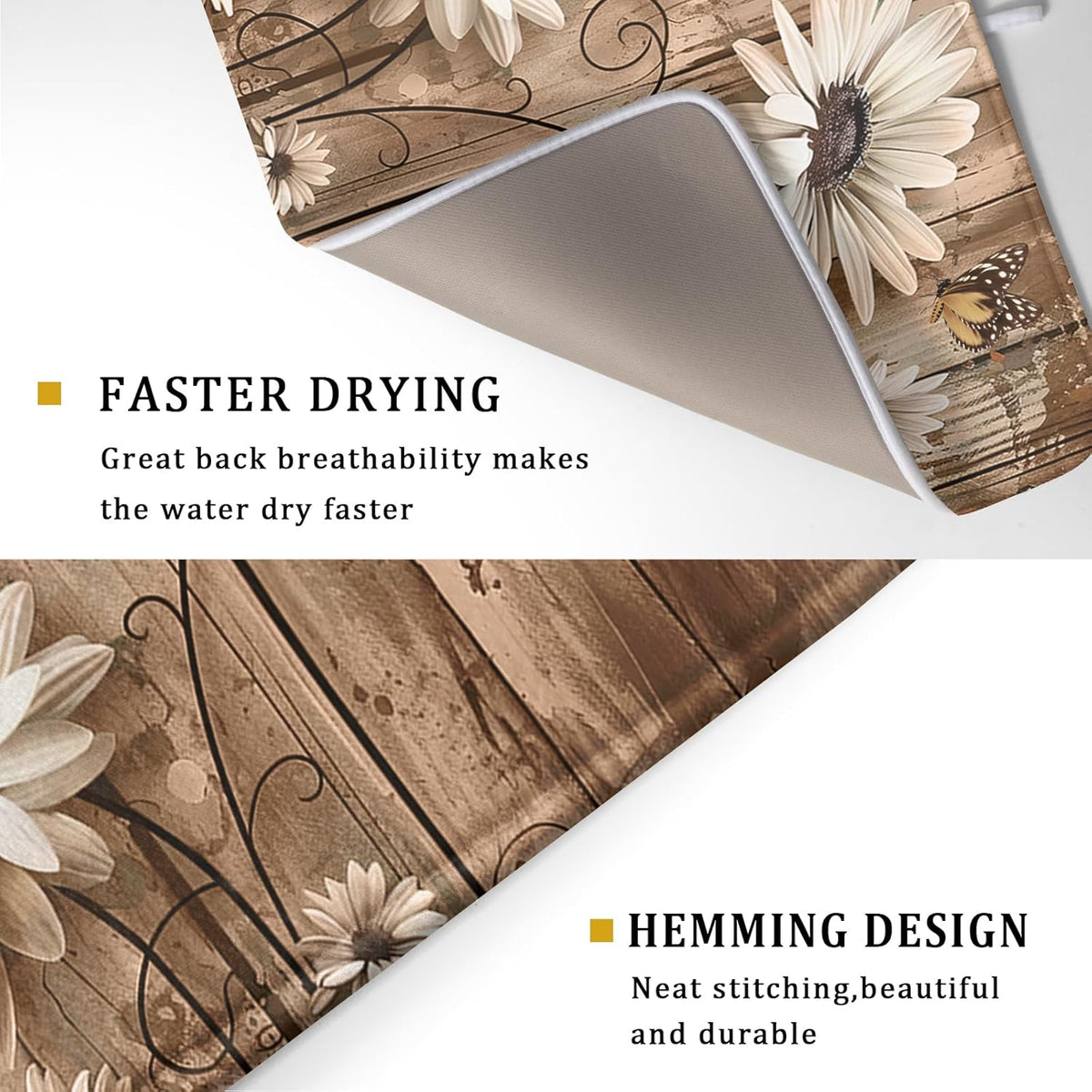 Summer Daisy Flowers Dish Drying Mat for Kitchen Counter 16x18in Rustic Wood Floral Kitchen Mat Daisy Microfiber Absorbent Dish Drainer Mat Fast Dry
