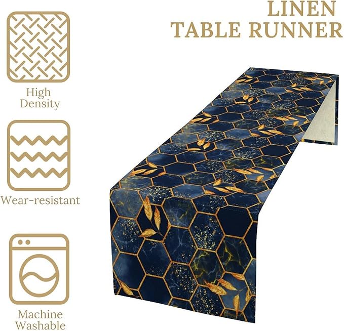 Marble Table Runner, Dark Blue Gold Modern Marble Leaf Aesthetic Geometric Table Runner for Indoor Home Living Room Party Dining Kitchen 13x36in