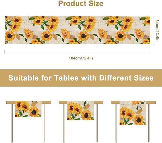 Sunflower Table Runner, Rustic Old Paper Seasonal Table Runner Farmhouse Kitchen Home Party Dining Room 13x70in