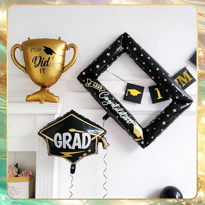 146Pcs Sage Green Gold White Graduation Balloon Garland Arch Kit,with Explosion Star,Diploma,Trophy,Grad Hat,Photo Frame Foil Balloon for Congrats Class of 2026 Graduates Celebration Party Decoration