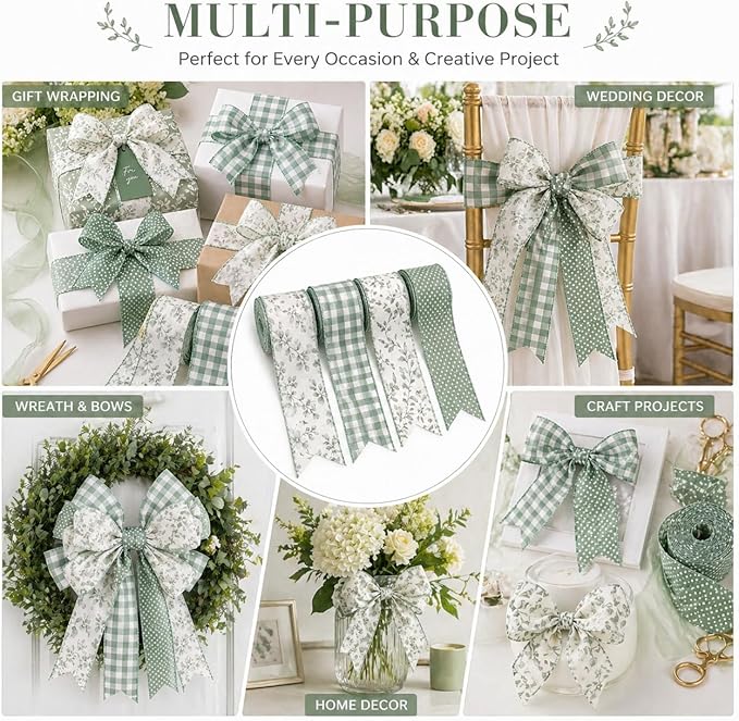 Sage Green Wired Ribbon Set, 4 Rolls 2.5 Inch Decorative Ribbon with Floral Gingham Polka Dot Leaf Designs for Wreaths, Bows, Gift Wrapping, Wedding Crafts