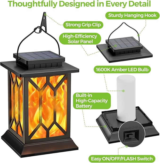 BOBKID 4 Pack Solar Lantern Outdoor Lights, Upgraded Flickering Flame Lanterns Lights Outdoor Waterproof, Hanging Lantern Decorative, Solar Powered Lighting for Yard Patio Path Tree Garden Decor