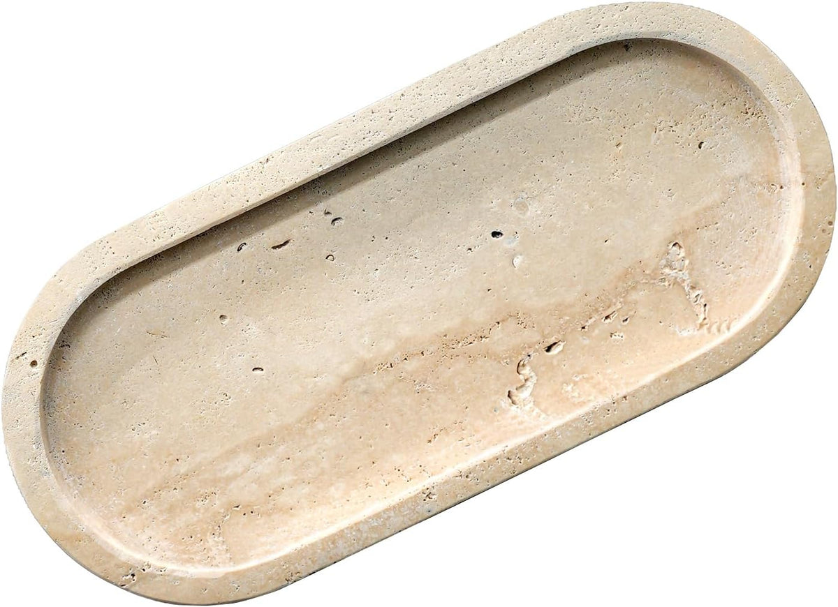 Bathroom Vanity Tray, Natural Marble Oval Sink Tray 10 Inch, Beige Travertine Vanity Tray for Soap Dispenser Modern Countertop Organizer for Kitchen