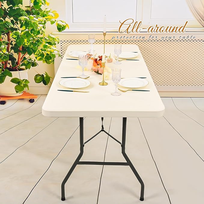 10 Pack Stretch Fabric Table Top Cap Cover, Ivory Table Covers fits 8Ft Tables, Washable Elastic Universal Rectangle Tablecloth Protector for Indoor Outdoor Party Picnic Wedding (30" W x 96" L)
