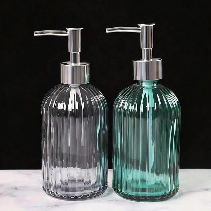 Green Glass Soap Dispenser: 400ml 13.5Oz Refillable Hand Soap Dispenser with Pump for Kitchen Bathroom Shower, Decorative Modern Liquid Soap Dispenser for Dish, Hand Soap, Body Wash, Lotion