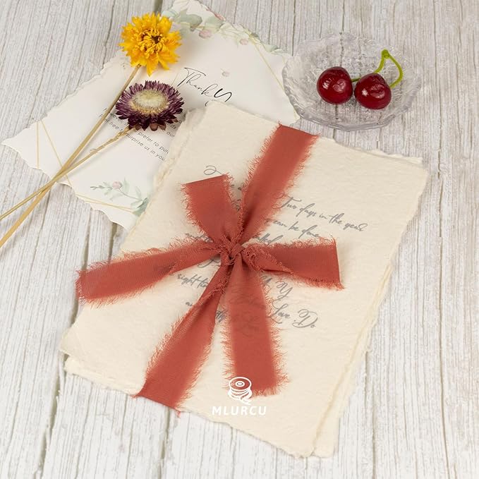 Rust Chiffon Ribbon - 1 Inch x 21 Yards, Handmade Fringe, Silk, Boho Frayed Ribbon for Gift Wrapping, Wedding Invitation, Bridal Flower Bouquets