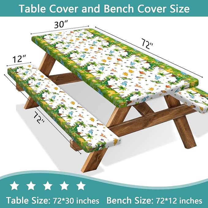 Dinosaur Picnic Table Covers with Bench Covers, Jungle Dino Print Tablecloth, Outdoor Table Cover Set, Patio Camping Picnic Table Protector, 72x30 Inch