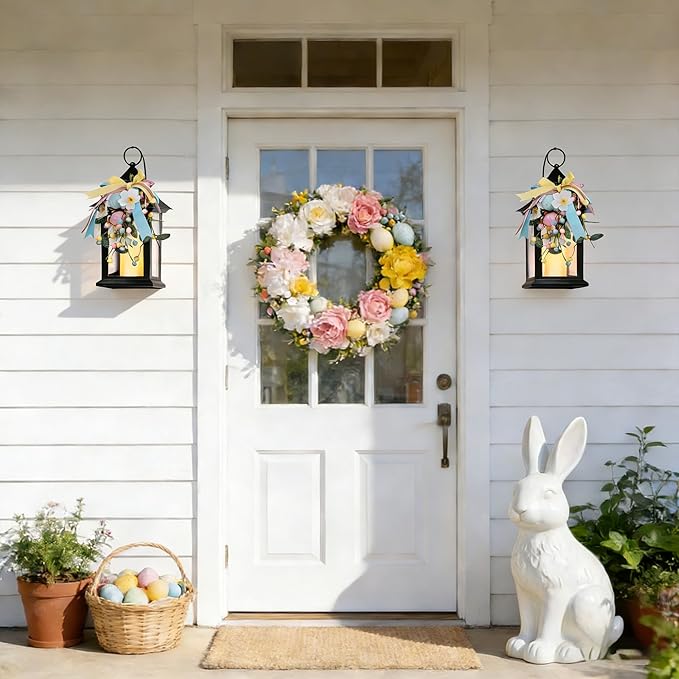 Easter Decorative Candle Lanterns, Battery Operated with Timer, 2 Pack Black Easter Egg Lanterns, 14" Waterproof Hanging Lanterns for Porch, Patio, Wedding Spring Decor
