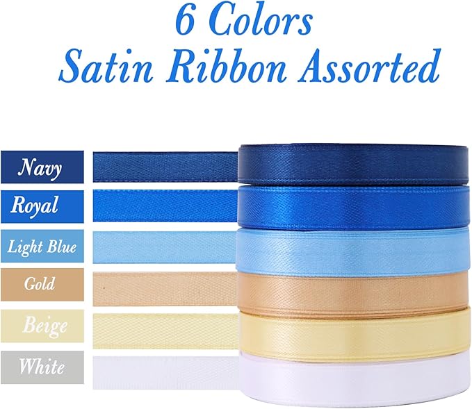 TONIFUL 6 Rolls Graduation Satin Ribbon 3/8 Inch Blue Gold White Ribbons for Gift Wrapping, Flower Bouquet, Bows, Treat Bags, Crafts, Graduation Leis, Birthday Baby Shower Party Decor(25 Yards/Roll