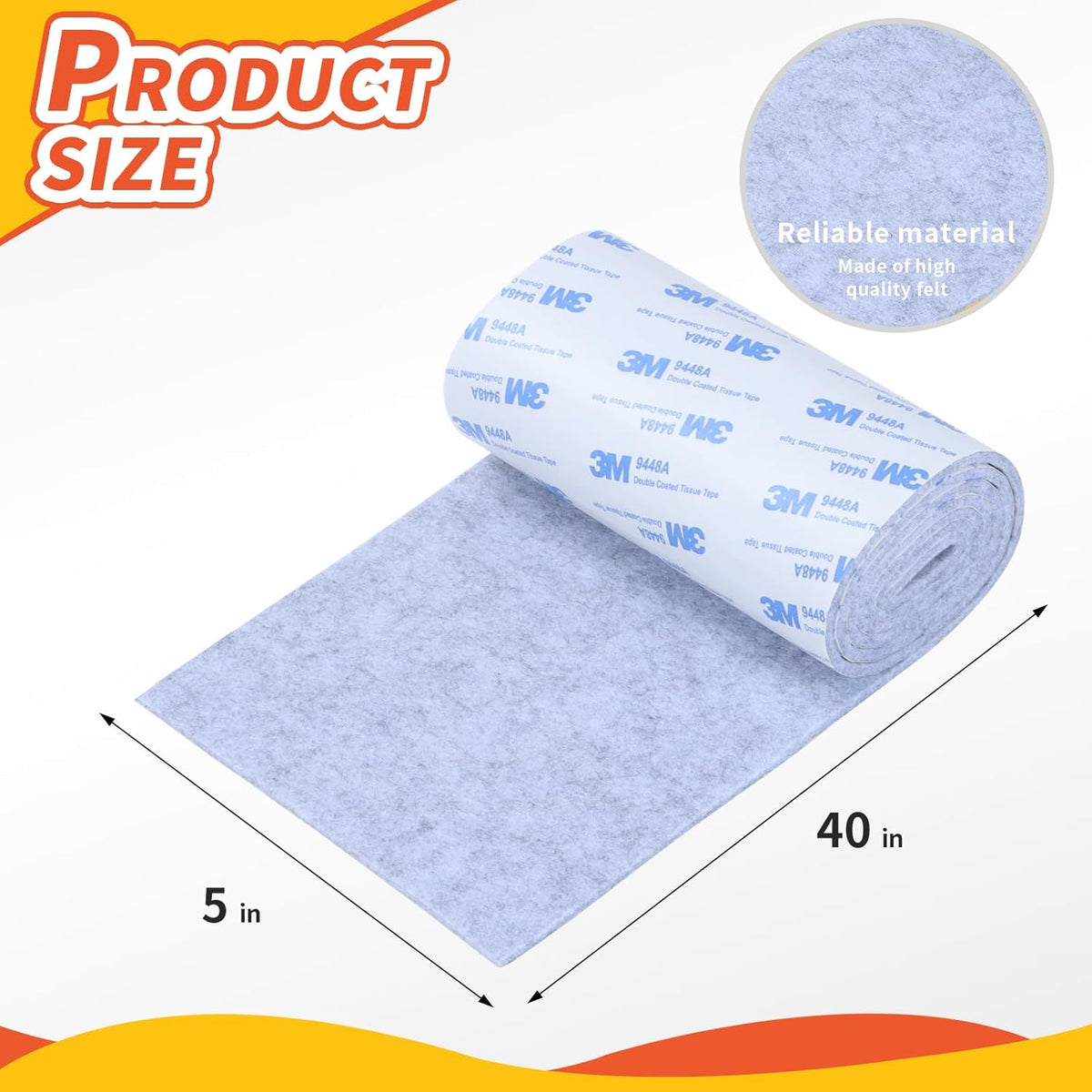 Felt Furniture Pads, Non Slip Self Adhesive Cuttable Felt Tape Gray Heavy Duty Felts Strip Roll for Protecting Hardwood Floors Chair Wall Protector (40 x 5 x 0.12 Inch, 2 Pack)