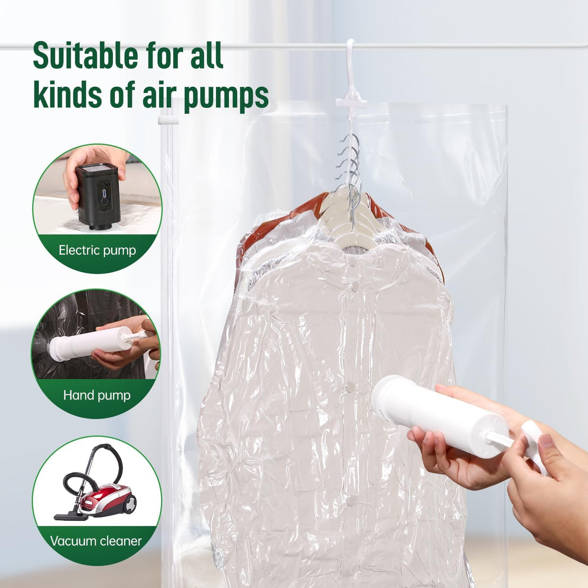Hanging Vacuum Storage Bags For Clothes With Hand Pump,Coat Storage Bag Hanging,Vacuum Bags For Clothes,Space Saver Vacuum Storage Bags,Garment, Clothing, Dress, Suit, Long Coat, Jacket(Combo 4 Pack）