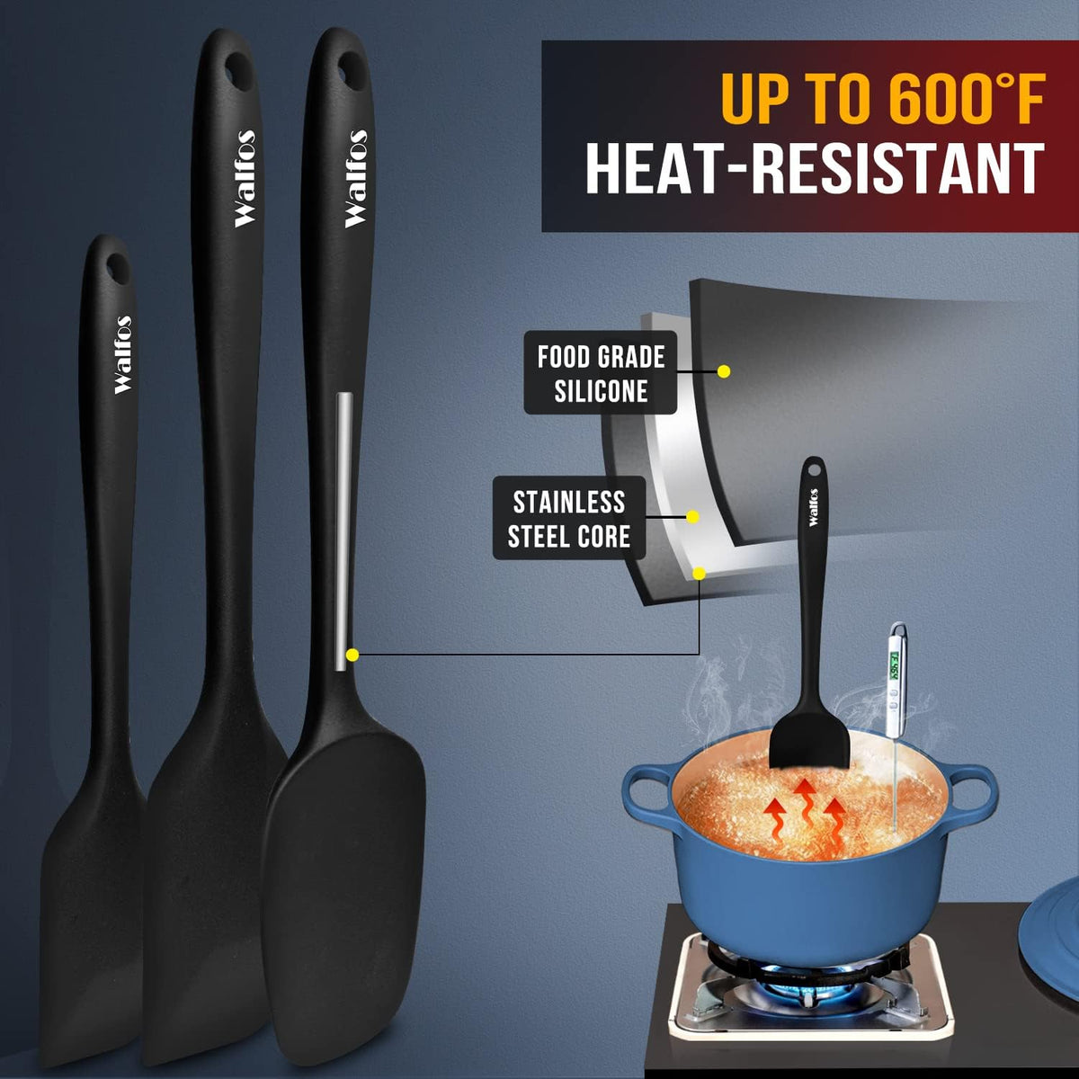 Walfos 600°F High Heat Resistant Silicone Spatula Set of 5- Food Grade Rubber Spatula Set for Baking Cooking &amp; Mixing - BPA Free, Non Stick and Dishwasher Safe,black