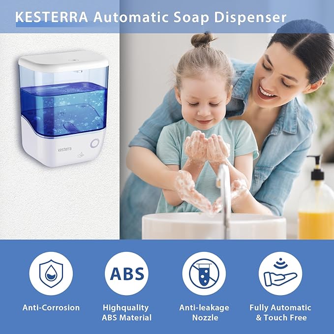 Automatic Soap Dispenser Wall Mount, Touchless Soap Dispenser 1000ml/34oz Battery Operated Hand Free Hand Sanitizer Dispenser for Bathroom Kitchen Hotel Offices Plastic, No Drill, White