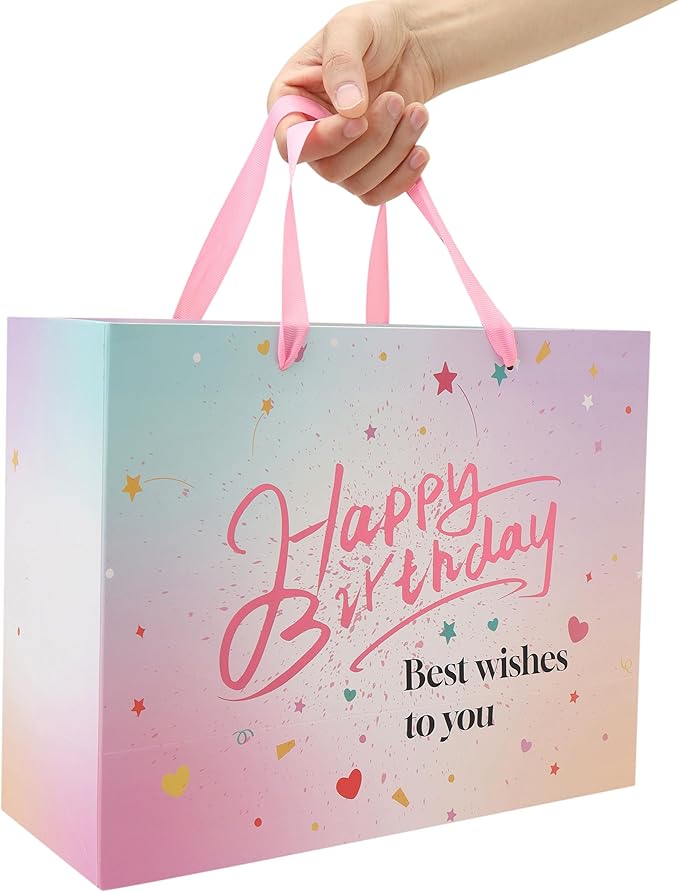 wishinside 13'' Large Pink Birthday Gift Bag Set with Handles, Greeting Card, Tissue Papers and Stickers for Women Girls Kids Teens, Gold Foil Happy Birthday Design, 1 Pcs