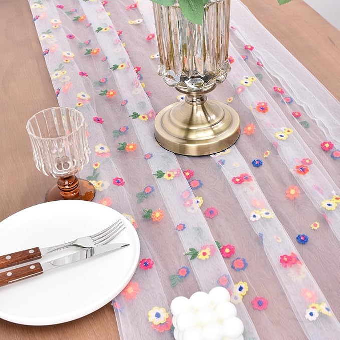 Joanlody 3pcs Ivory Embroidery Daisy Spring Summer Table Runner 10ft Florals Seasonal Easter Tulle Table Runner Holiday Kitchen Dining Table Decoration for Home Party Indoor