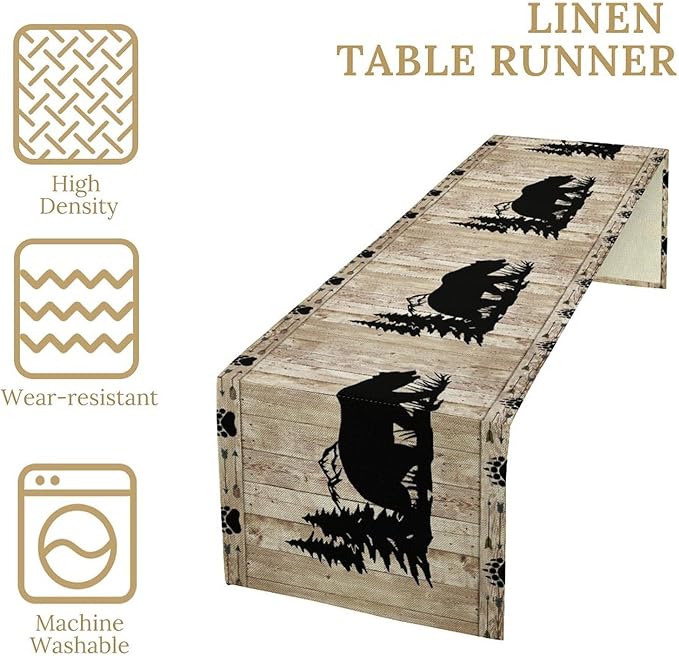 Bear Table Runner, Wild Animals Rustic Cabin Forest Bear Print Wooden Board Table Runner for Dining Kitchen Home 13x60in