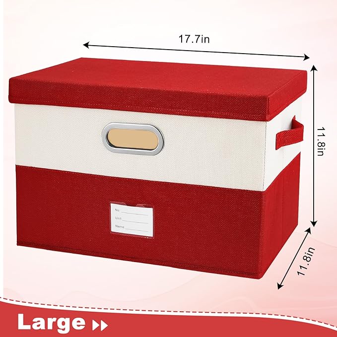 Large Linen Fabric Foldable Storage Bins with Removable Lid and Handles, Washable Storage Box Organizer Containers Baskets Cube with Cover for Bedroom,Office(Red&Cream, Large(2-Pack))
