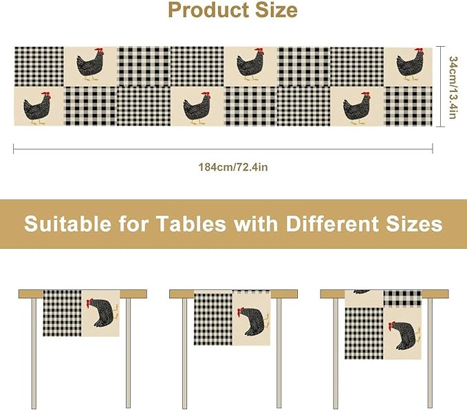 Farm Animal Table Runner, Chicken Hen Black White Buffalo Plaid Check Farmhouse Chick Table Runner for Home Kitchen Holiday Dining Party 13x90in