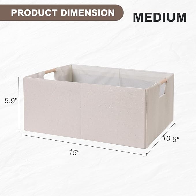 ANMINY 2PCS Storage Baskets for Organizing Collapsible Fabric Storage Bins Boxes with Wood Handles Closet Shelves Cube Organizer Bins Clothes Laundry Storage Container - Medium, Beige