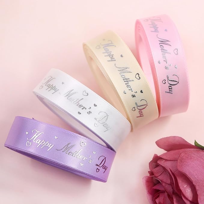 Mother’s Day Ribbon Set – 4 Rolls Satin Gift Ribbons with Gold Foil Letters – 5 Yards Each, 19mm – Happy Mother's Day – Gift Wrap, Crafting, DIY Decoration (4)