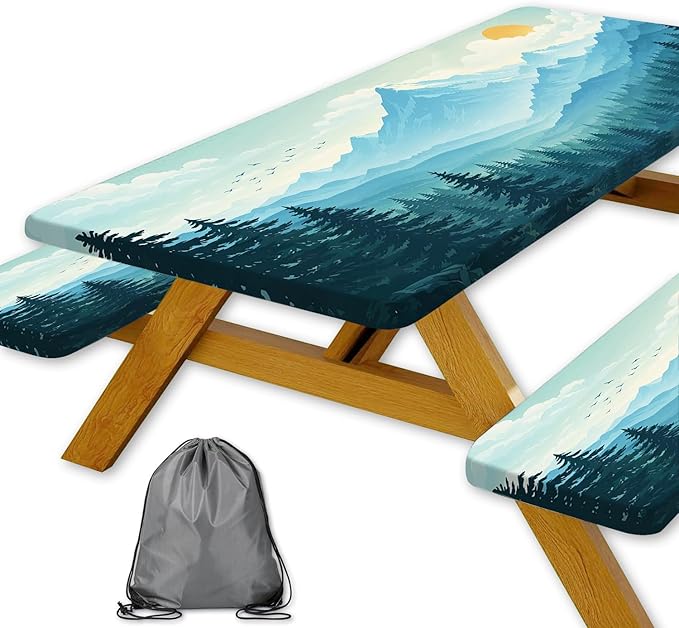 Picnic Table Cover with Bench Covers and Bag, Forest Mountain Sunset Camping Tablecloth, Waterproof Windproof Oilproof Elastic Edges Fitted Tables Cover for Indoor Outdoor 3PCS 30x60 Inch (Green)