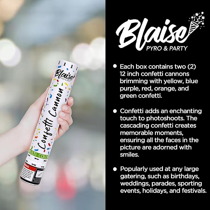 Blaise Pyro & Party Multi-Colored Confetti Poppers - Easy to Use Paper Confetti Poppers for Weddings, Birthdays, Anniversaries & More - Colorful Confetti Cannon for Memorable Photos - 2 Pack, 12 Inch