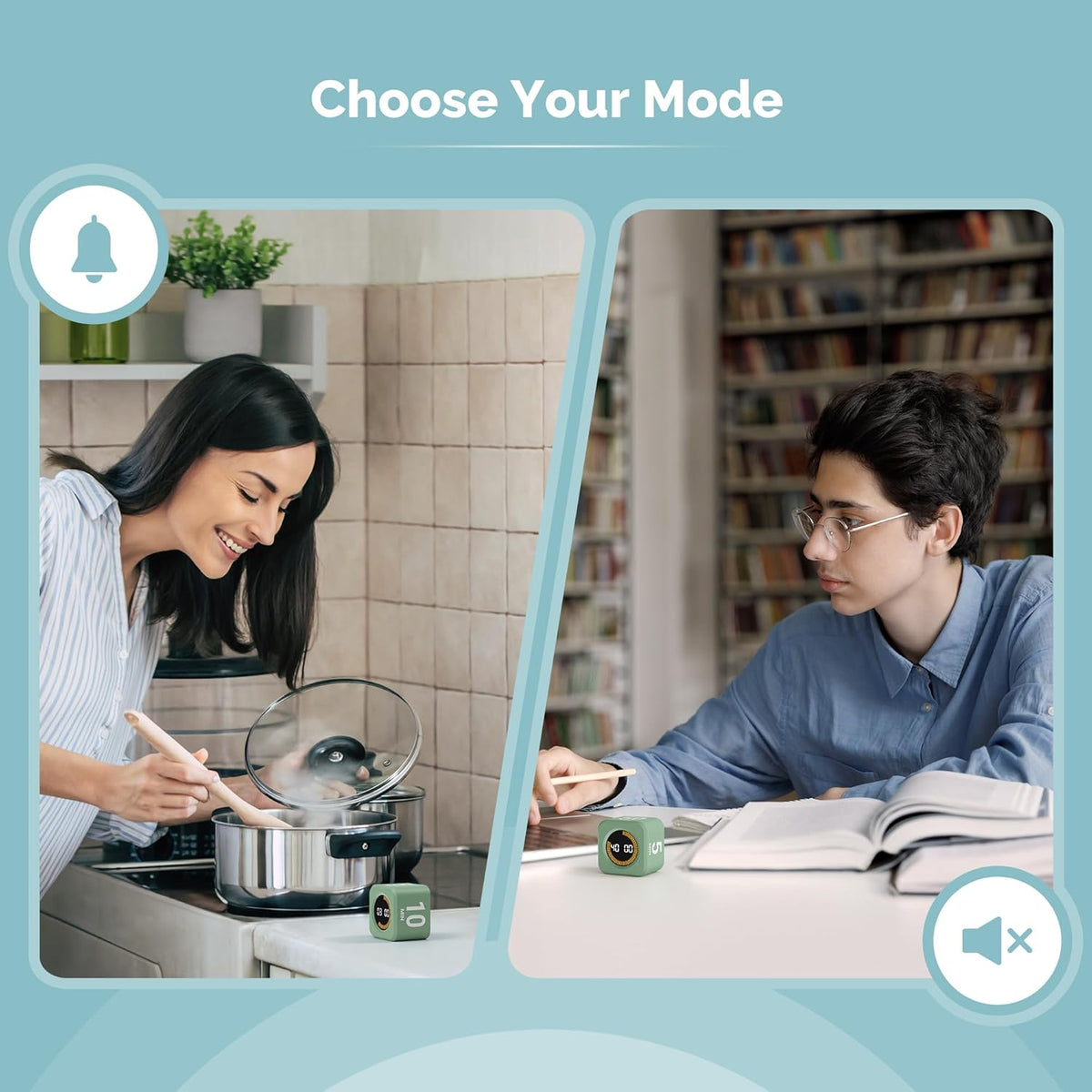Kadams Pomodoro Cube Timer Productivity Visual Timer - 5/10/25/50 Min Rotating Countdown (Green)