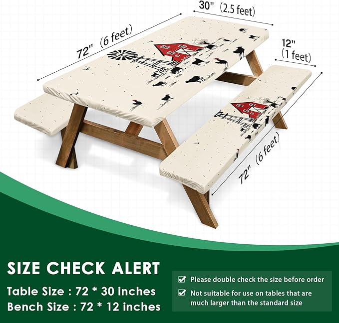 Picnic Table Cover with Bench Covers Elastic Edges, Farmhouse Camper Fitted Table Cover, Patio Camping Essentials 72 Inch 3PCS, Waterproof Camping Fitted Tablecloth with Drawstring Bag
