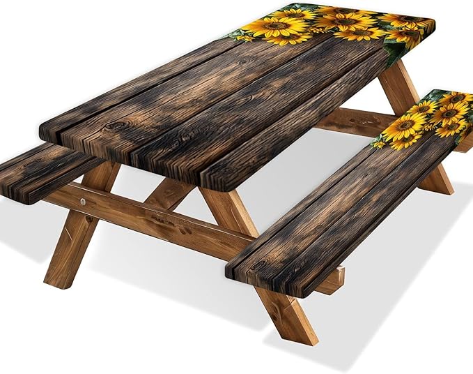 Picnic Table Cover with Bench Covers Wood Sunflower Elastic Outdoor Tablecloth Camping Essentials Waterproof Windproof Camping Tablecloth with Drawstring Bag, Fitted Rectangle Tables Seats 72X30in
