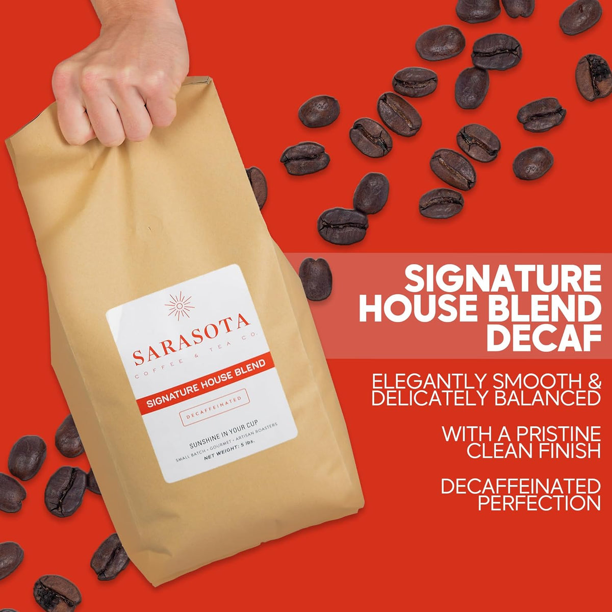 Sarasota Coffee Whole Bean Decaf, Dark Roast Gourmet Decaffeinated Coffee Beans, Low Acid, Mold Free, Specialty Grade Bulk Beans, 5lb (80 oz)