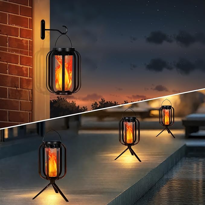 Solar Lantern Outdoor Lights, 2 Pack Waterproof Solar Powered Lanterns with Flickering Flame, Hanging Lantern Decorative for Outside, Solar Powered Outdoor Lights for Yard Garden Patio Table Decor