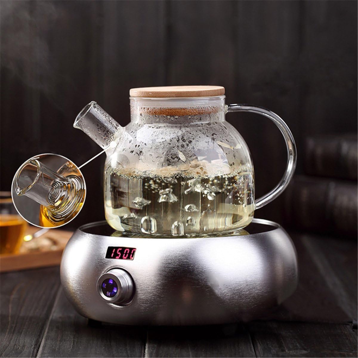 Teabloom Stovetop Safe Glass Teapot with Bamboo Lid (40oz/1200ml) + Loose Leaf Tea Filter Spout + 2 Blooming Teas + Large Bamboo Trivet