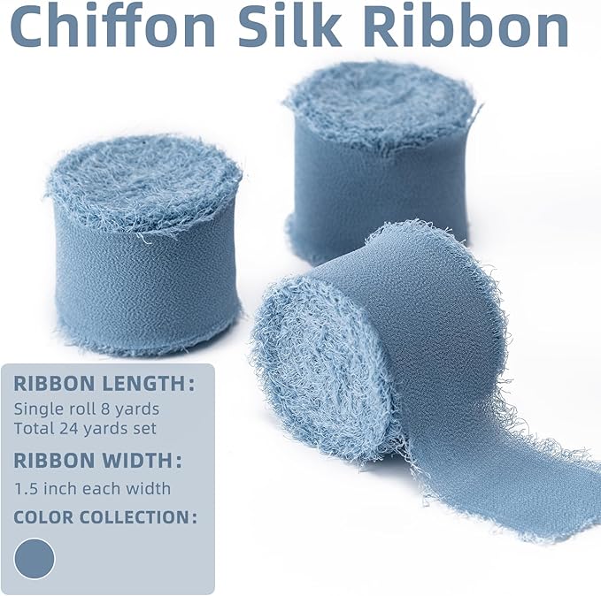 Husfunov Dusty Blue Handmade Chiffon Ribbon,1.5Inch x 3 Rolls Total 24 Yards Dusty Blue Fringe Chiffon Silk Ribbon,for Wrapping Wedding Invitations,Bridal Bouquets,DIY Crafts,Home Decor and More