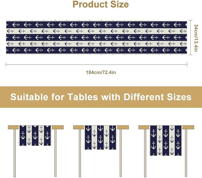 Nautical Anchor Table Runner, Ocean Beach Coastal Beach Stripe Background Theme Table Runner for Dining Kitchen Party Holidays Home 13x108in