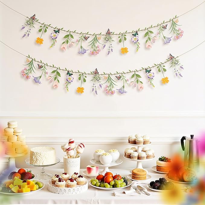 2PCS Flower Banner Reusable Wildflower Garland Floral for Spring Party Enchanted GardenTheme Picnic Wedding Baby Shower Birthday Tea Party Supplies Home Decorations (Green-Smaller)