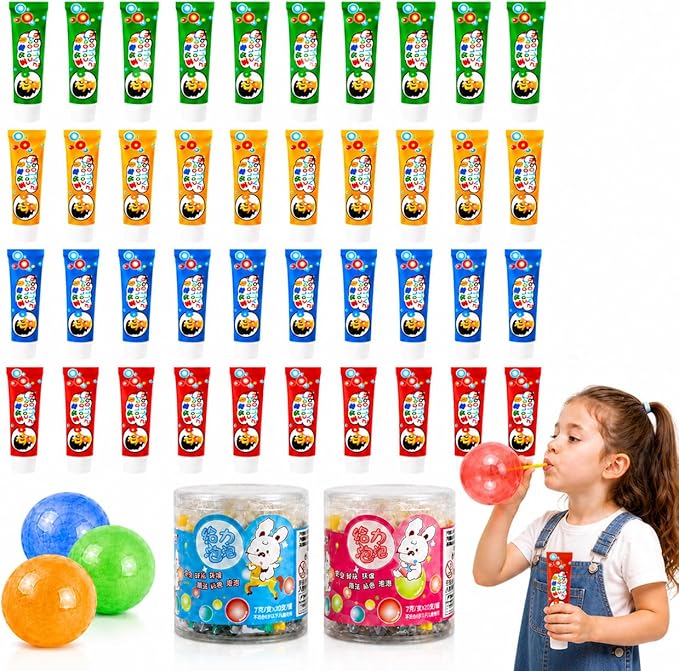 40 PCS Blow Plastic Bubbles Toy Kit, Large Bubble Balloons for Kids, DIY Blow Bubble Balloons with Straws, Colorful Plastic Bubble Toy, Party Favors, Classroom Rewards, Birthday Gift
