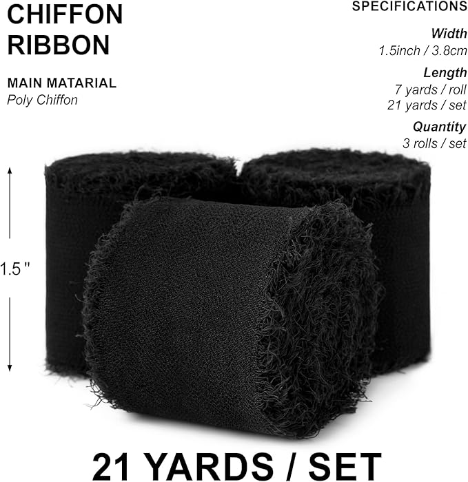 Black Chiffon Ribbon 1.5" x 21 Yd Handmade Fringe Silk Chiffon Fabric Ribbon for Gift Wrapping Wedding Invitation Bridal Flower Bouquet DIY Crafts Home Decor