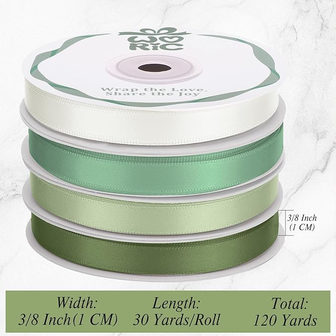 woric Sage Green Satin Ribbon 3/8 Inch x 4 Rolls, Total 120 Yards Ivory/Moss Green/Dusty Sage Ribbon for Graduation Leis Baby Bridal Shower Mother's Day Hair Bows Wedding Decor