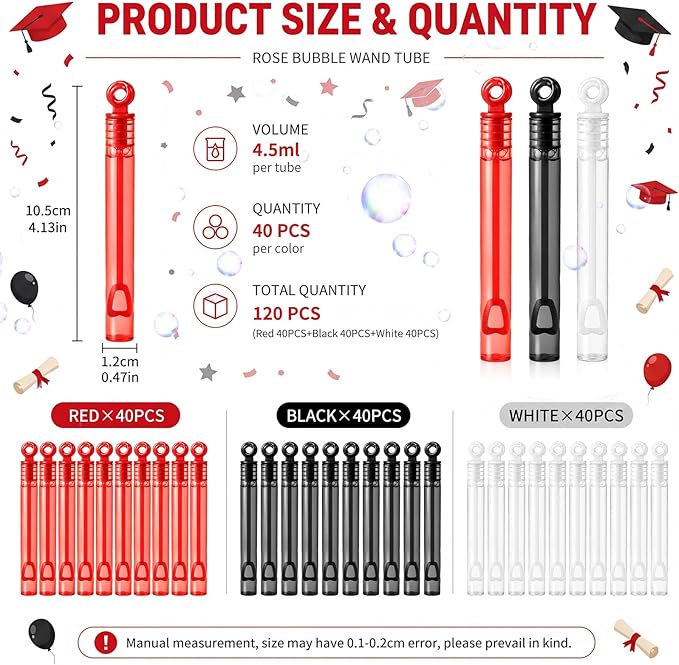 Lunmon 120 Pcs Graduation Mini Bubble Wands Bulk Grad Party Favors Class of 2026 Red Black White Bubble Toys Gifts for Kids Preschool Kindergarten Grad Birthday Party Supplies for High School Students