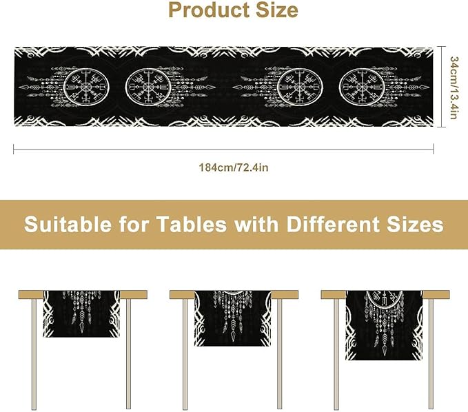 Viking Table Runner, Nordic Ancient Mythical Runes Print Table Runner for Home Dining Kitchen Coffee Table Party 13x60in