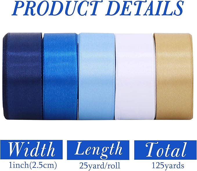 TONIFUL 1 Inch 5 Rolls Blue Gold White Ribbon, Assorted Graduation Satin Ribbons for Gifts Wrapping, Flower Bouquets, Bows, Crafts,Birthday, Graduation Leis, Baby Shower Decoration(25 Yards/Roll