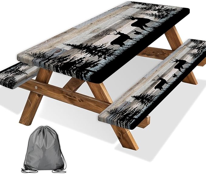 Forest Deer Picnic Table Cover with Bench Covers and Bag, Camping Essentials, Waterproof Windproof, Fitted Tablecloth Cover with Elastic Edge, for Indoor & Outdoor, Garden, 3 PCS, 30x72 Inch