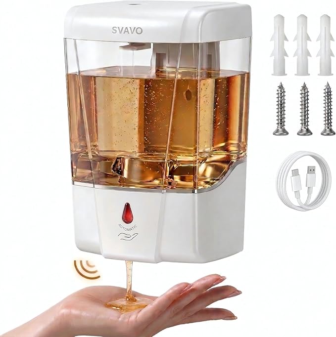 SVAVO Automatic Soap Dispenser Type-C Rechargeable - Commercial Wall Mount Hand Soap Dispenser for Restaurant, Kitchen & Bathroom, Electric Soap Pump for Office, 21 fl.oz for Liquid Soap, White