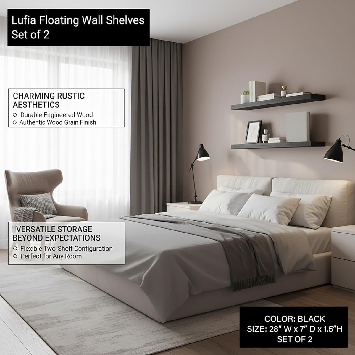Lufia Floating Wall Shelves, Set of 2, MDF with Invisible Brackets, Modern Storage for Bedroom, Bathroom, Living Room, Kitchen (Black
