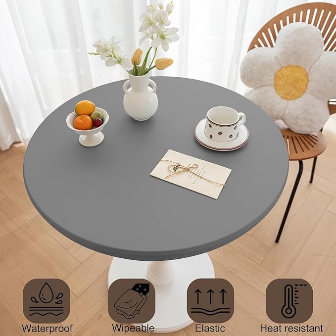 Round Fitted PU Tablecloth with High Elastic Edge 47 Inch Dia Waterproof Oil Proof Table Cloth Anti-Scald Stain-Resistant Wipeable Table Cover for Indoor Outdoor Picnic (Light Grey,47" Dia)