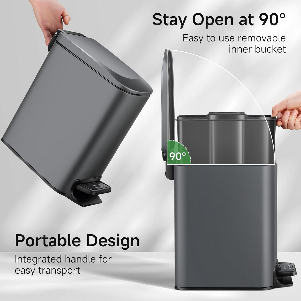 TIPGO Slim Bathroom Trash Can with Lid Soft Close, 6 Liter / 1.6 Gallon Stainless Steel Garbage Can with Removable Inner Bucket, Step Pedal, Small Trash Cans for Bedroom, Office, Kitchen (Grey)